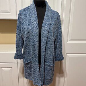 Ruby Rd Open Front Cardigan Sweater Womens Sz M Blue Print Pockets Long Sleeve